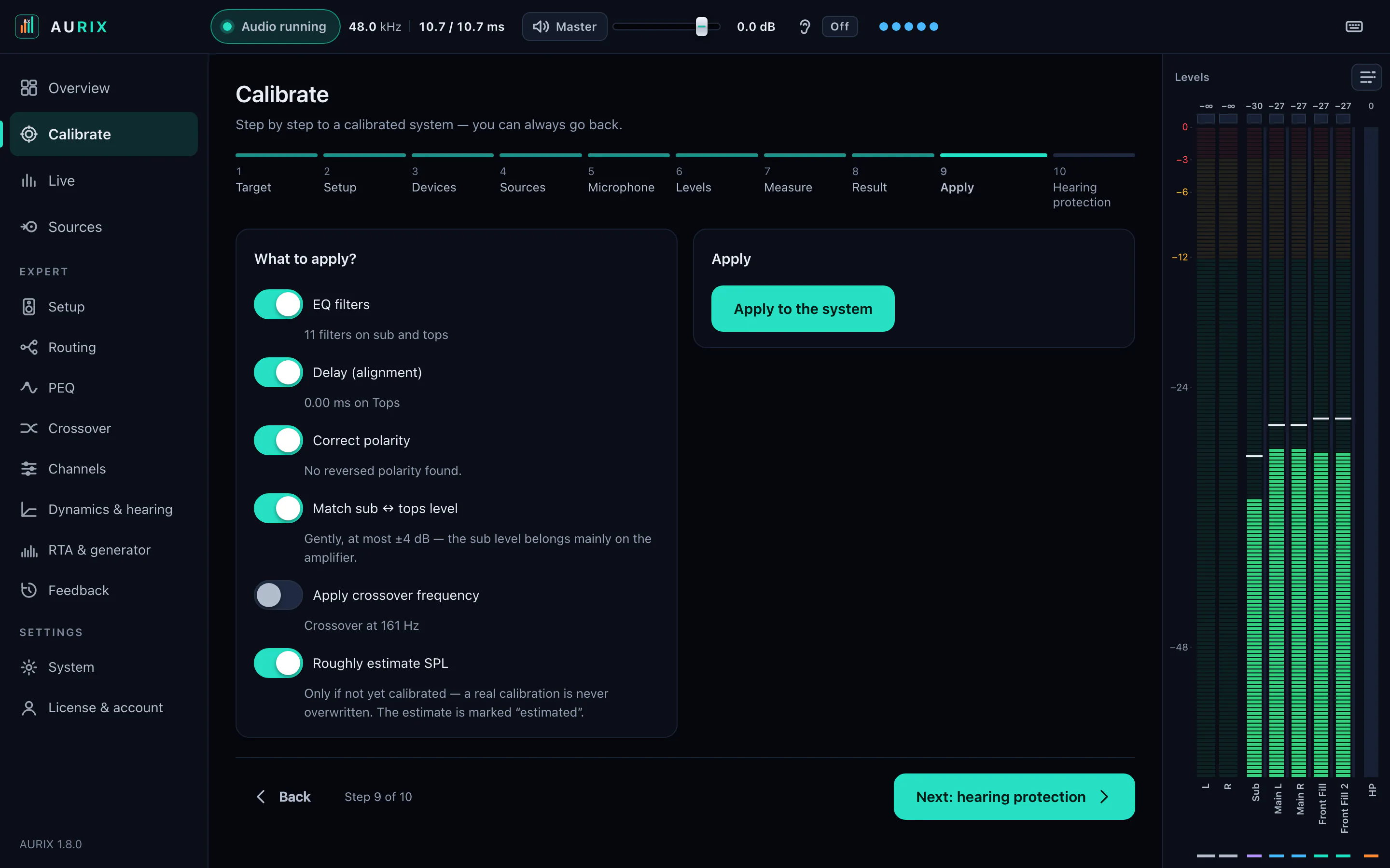 AURIX calibration wizard, Apply step: one switch each for EQ filters, delay, polarity, sub-to-top level matching, crossover frequency and SPL estimate, next to it the button “Apply to system”.