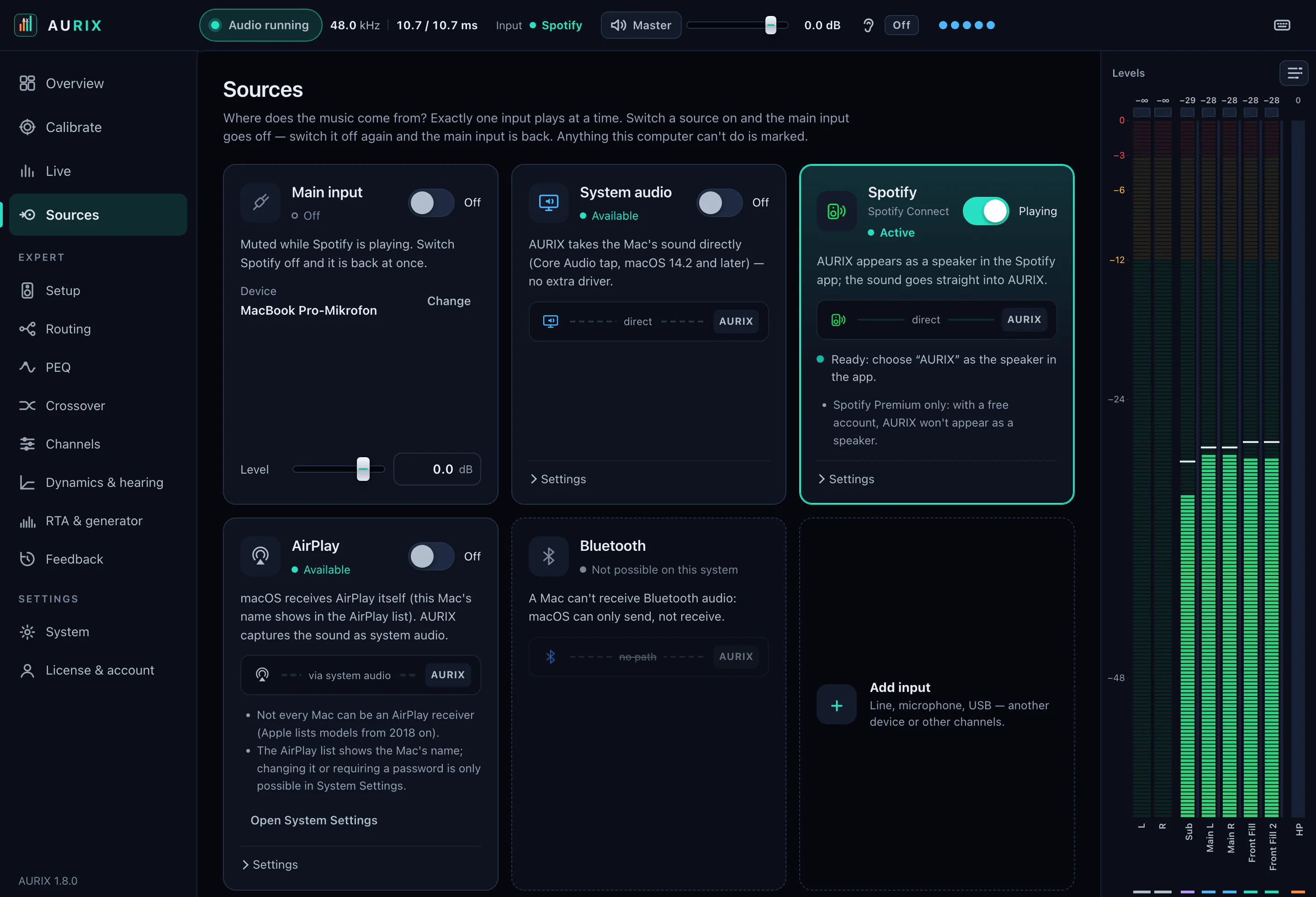 AURIX calibration wizard, Sources step: cards for the main input, Spotify Connect and AirPlay, each with its own switch, status and path into the system.